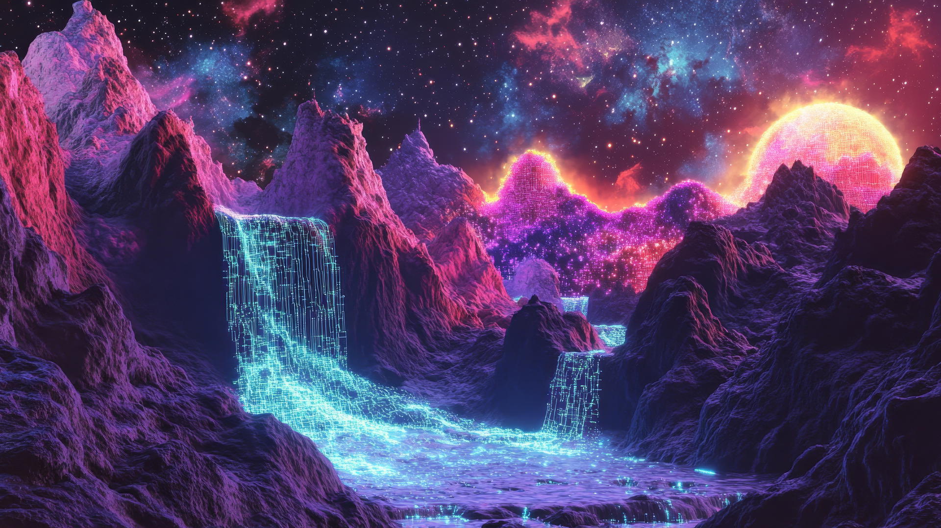 y2k star wallpaper with neon stars, holographic mountains, and digital waterfall