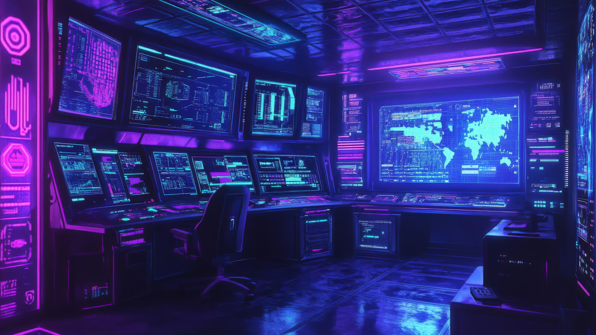 cyber Y2K wallpaper of a futuristic control room with holographic screens