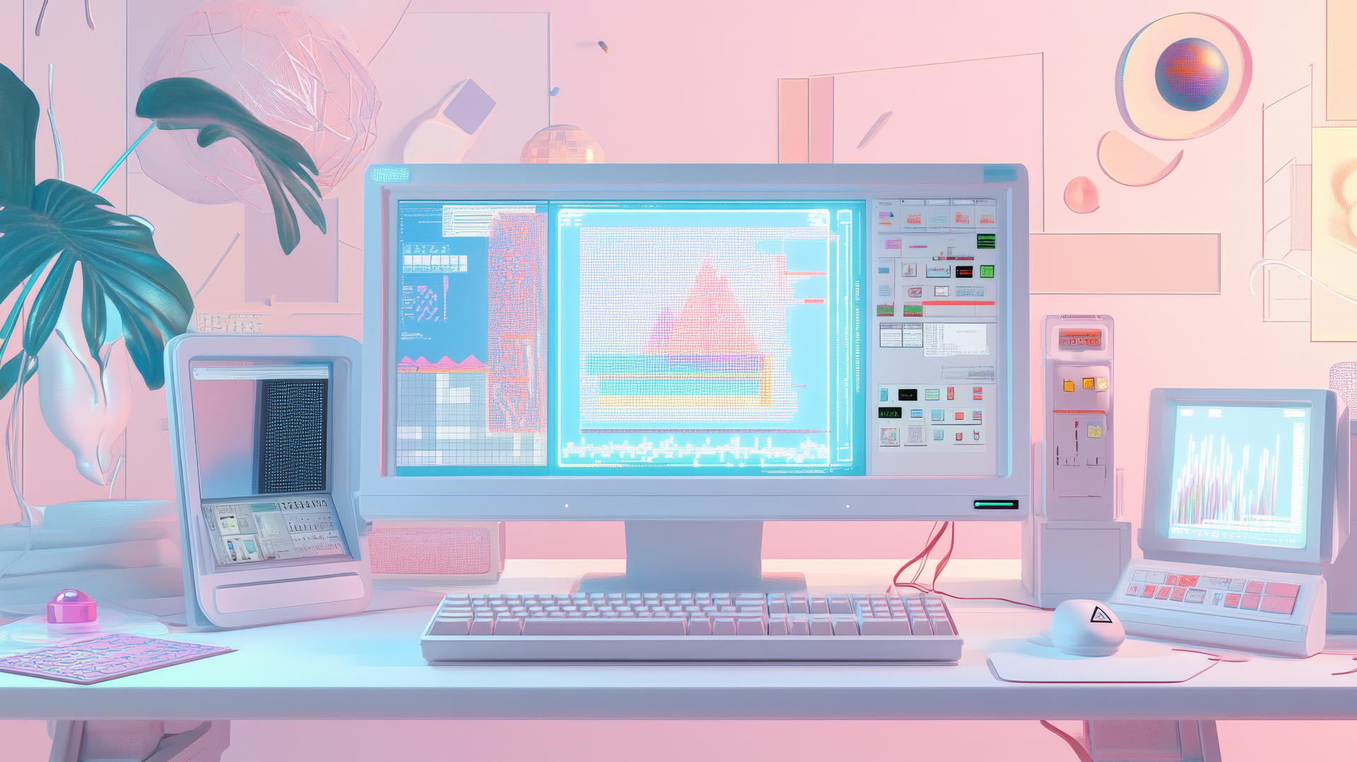 y2k wallpaper with retro computer desktop, digital art, holographic shapes, pastel colors