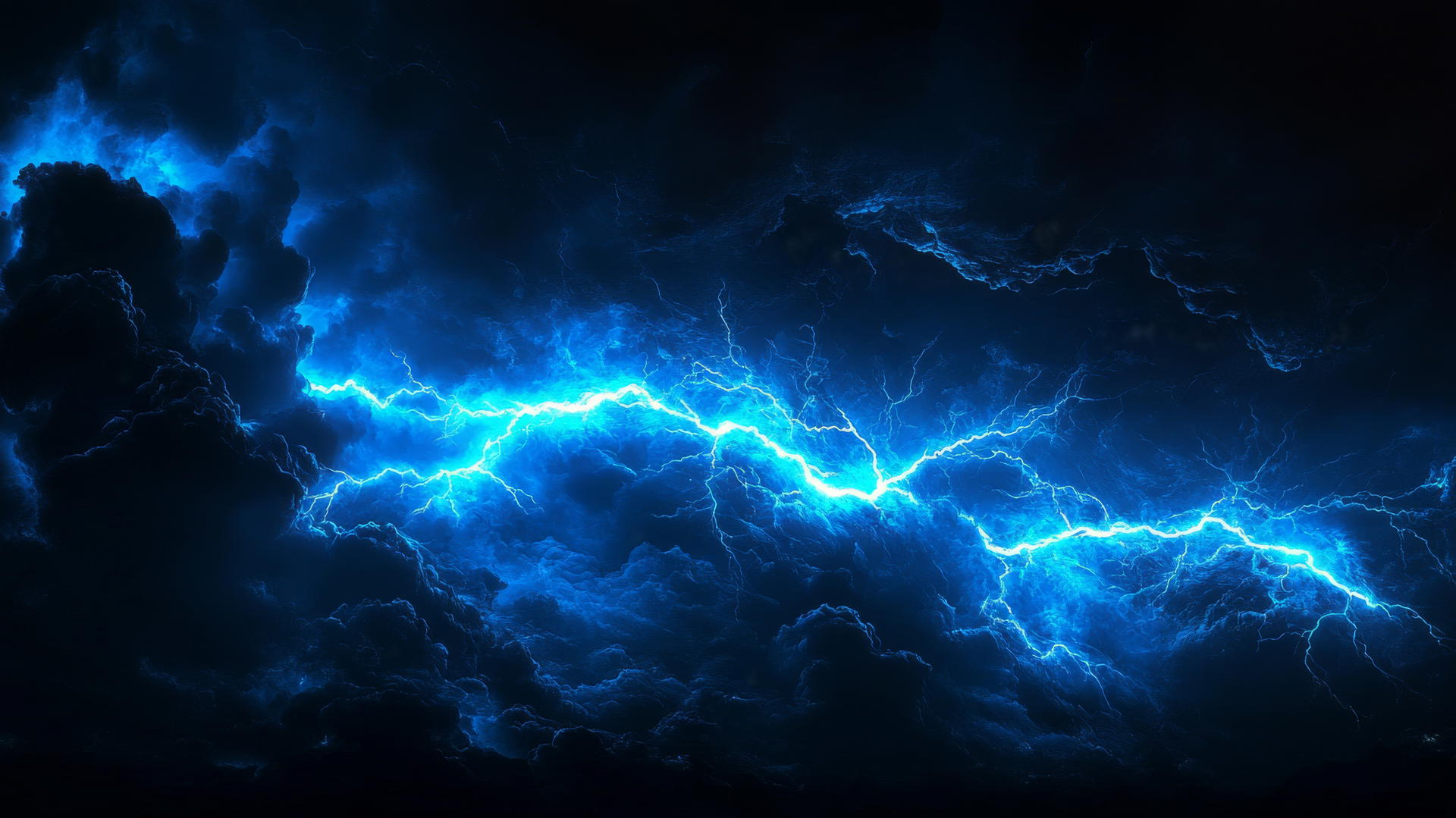 black and blue wallpaper with neon blue lightning bolt in dark sky