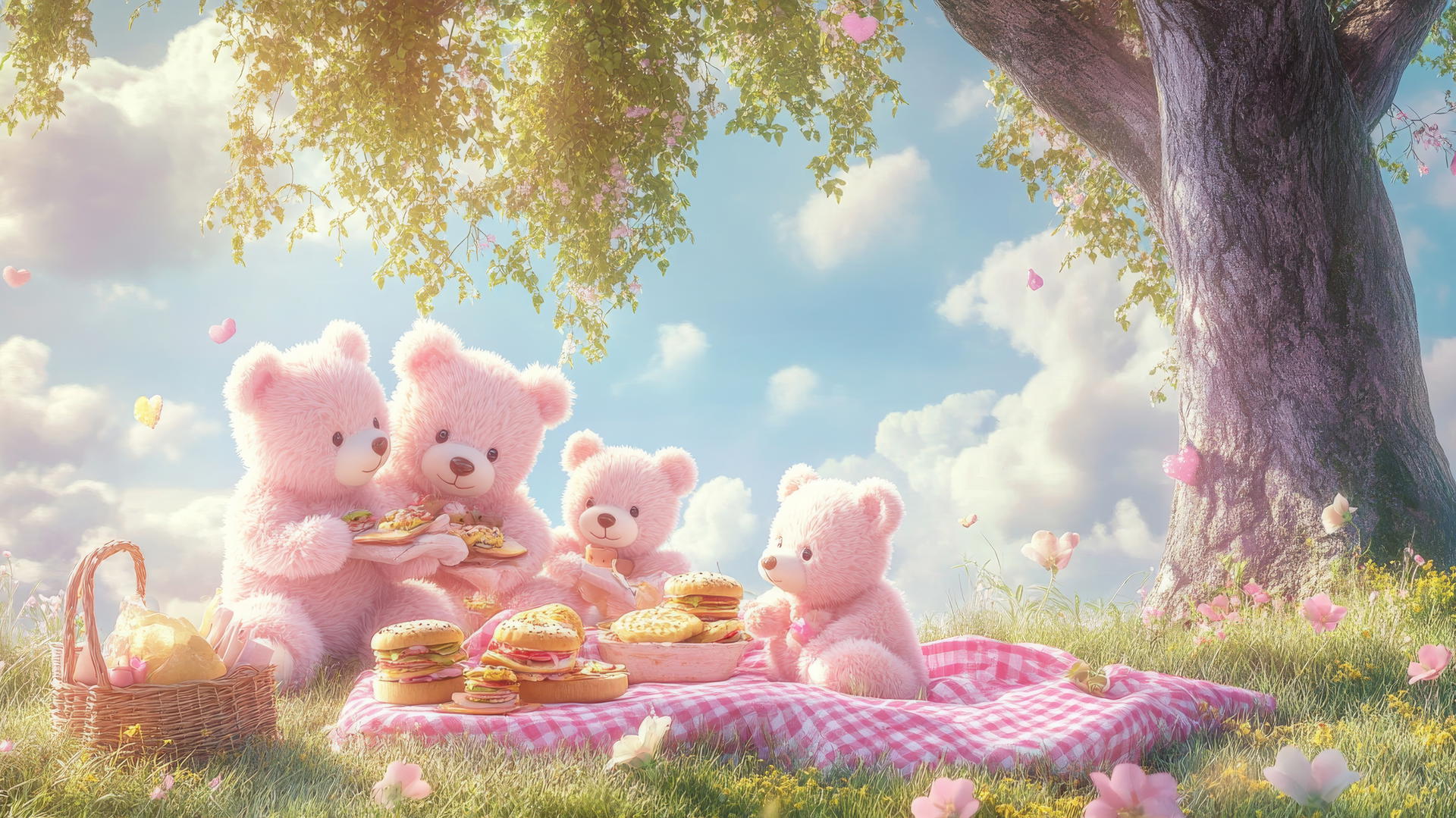 cute pink wallpaper with fluffy teddy bears at a picnic under a tree