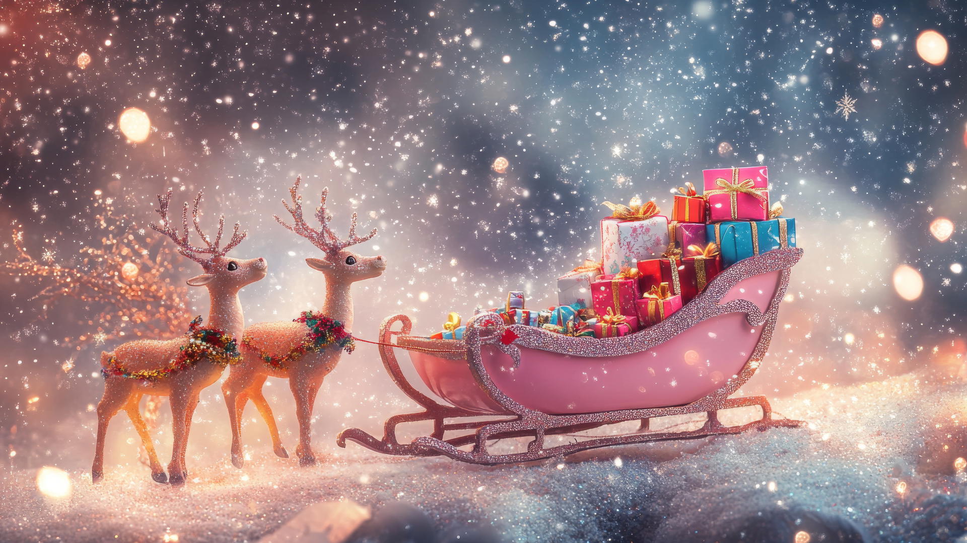 girly cute Christmas wallpaper with a pastel pink sleigh, colorful presents, and reindeer