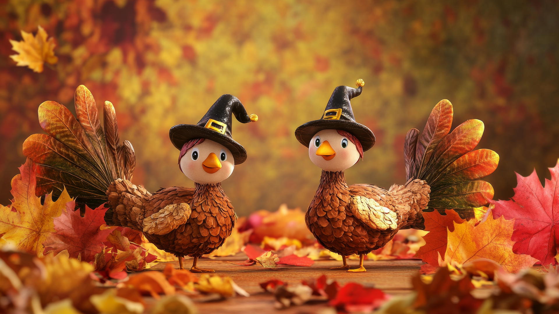 Thanksgiving wallpaper with cute cartoon turkeys in pilgrim hats and autumn leaves