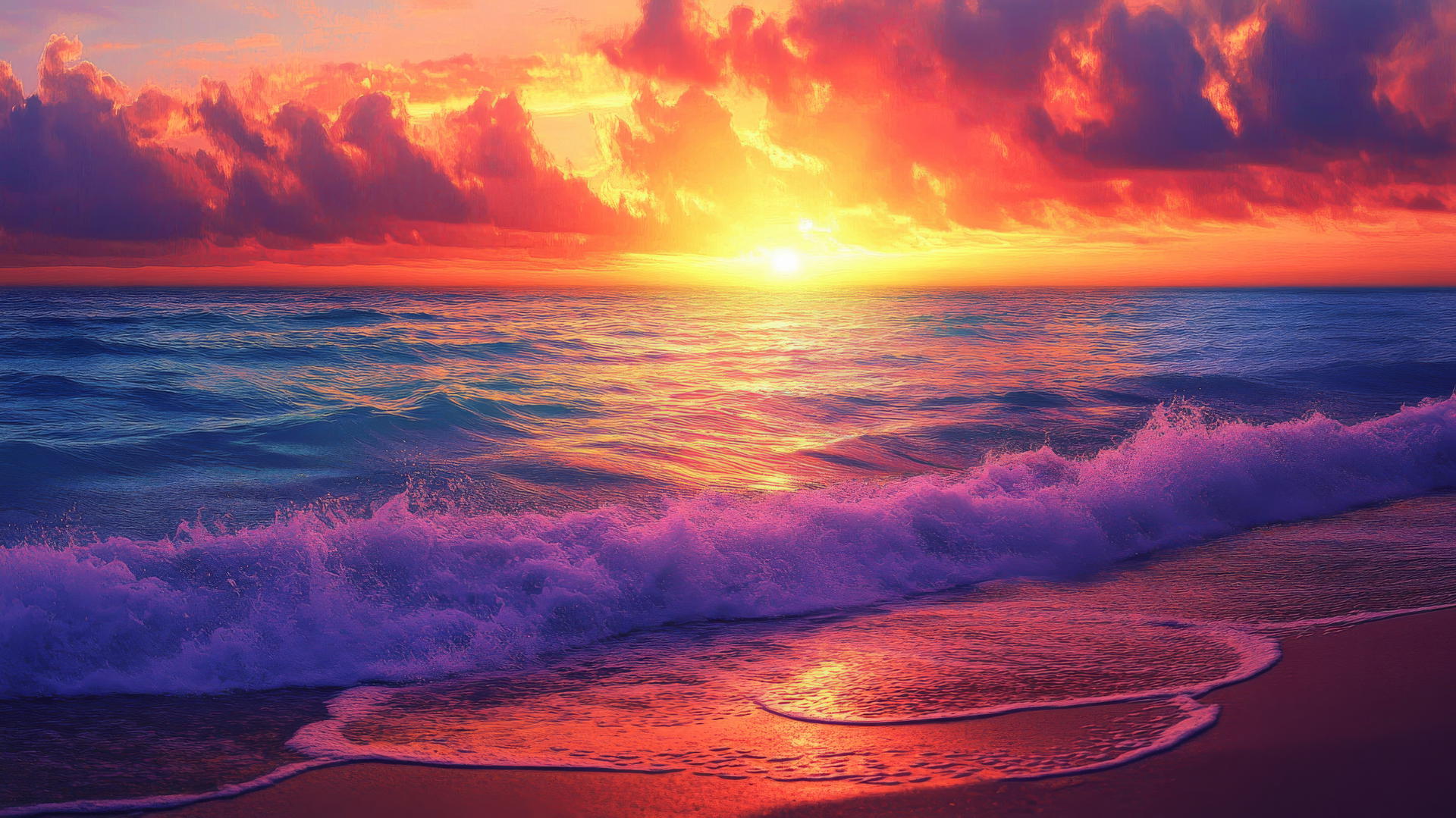 Vibrant sunset over ocean with gentle waves and colorful sky; summer wallpaper