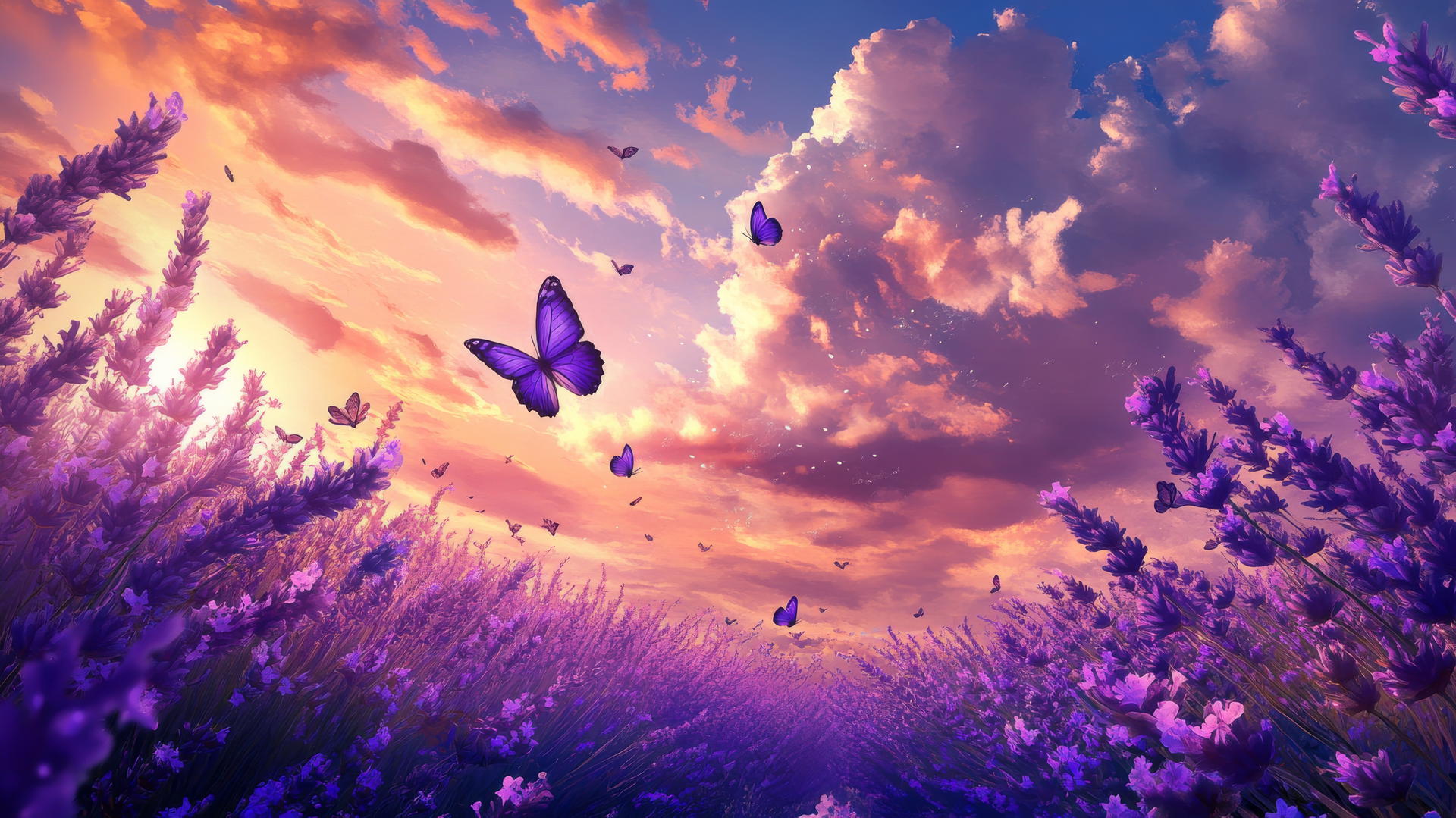 Summer wallpaper of lavender fields under a warm sky with butterflies