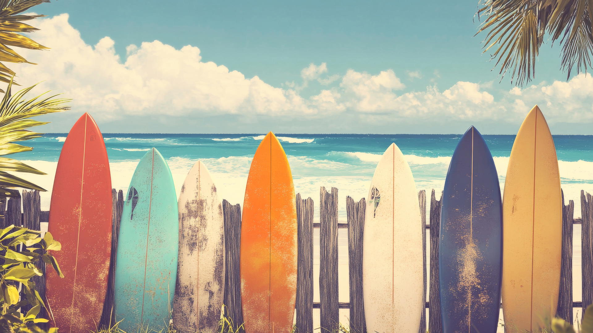 summer aesthetic wallpaper with colorful surfboards on a sunny beach