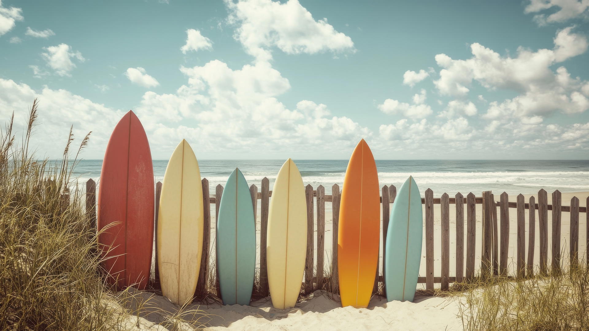 Retro summer aesthetic wallpaper with colorful surfboards against a fence