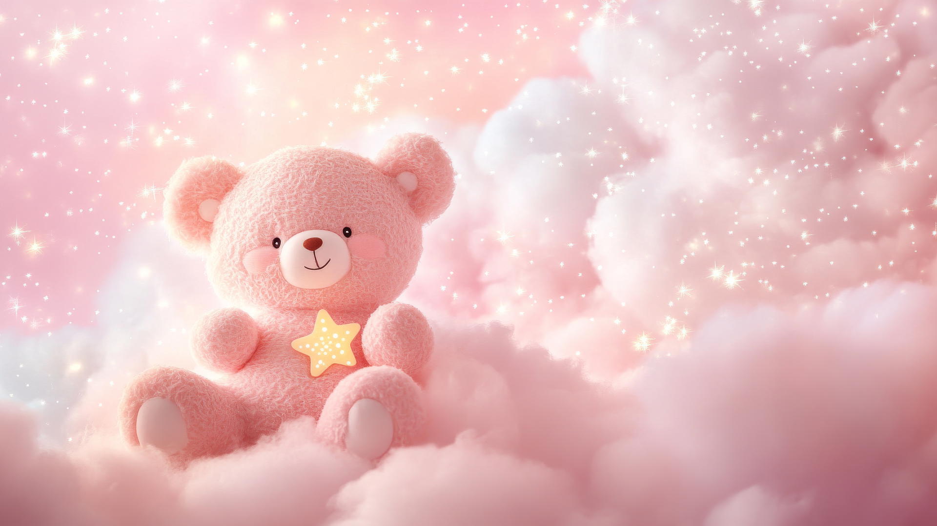 cute pink wallpaper with kawaii bear holding a tiny star on fluffy cloud