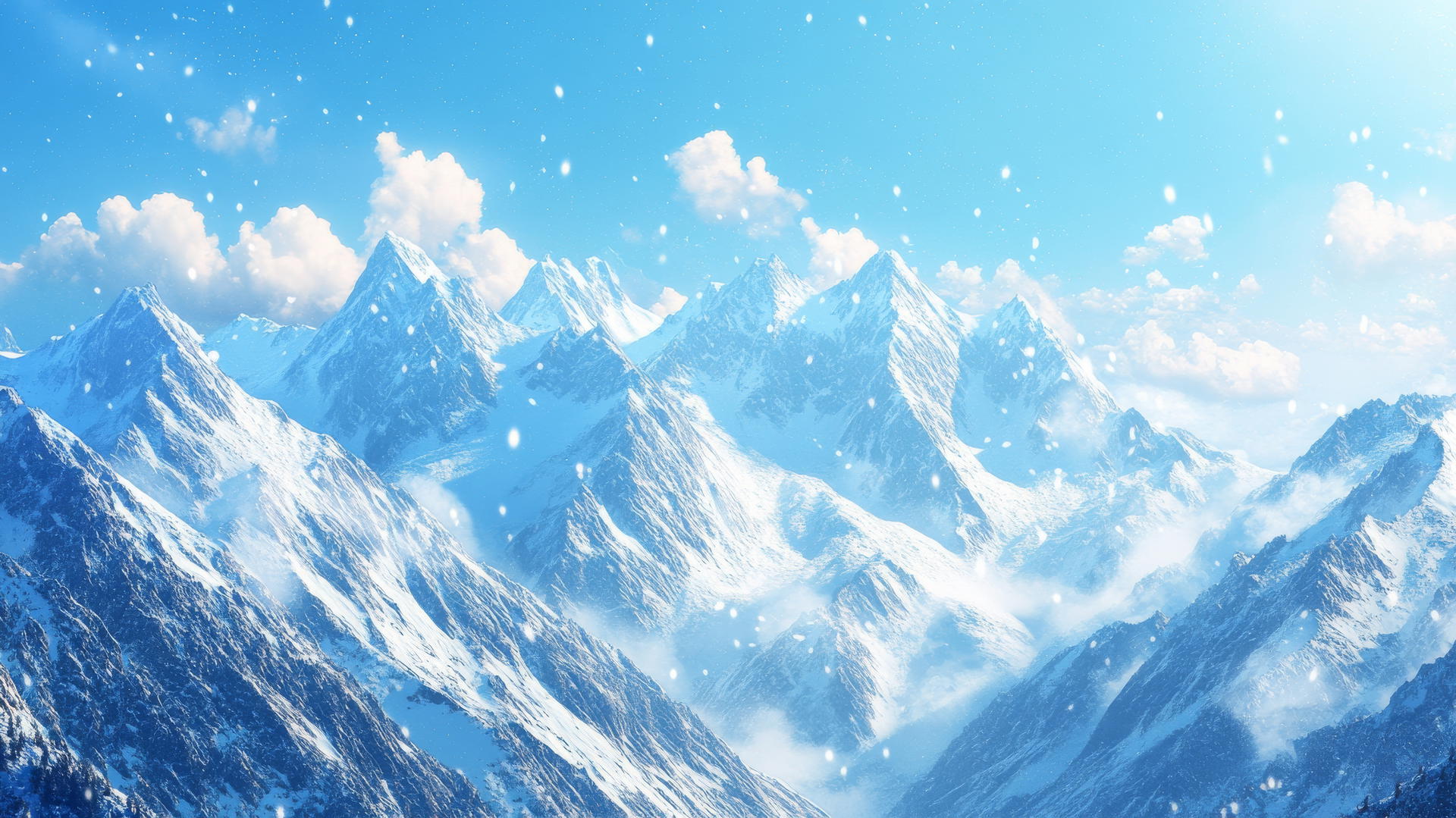 winter wallpaper of majestic mountain range with snow-capped peaks under blue sky