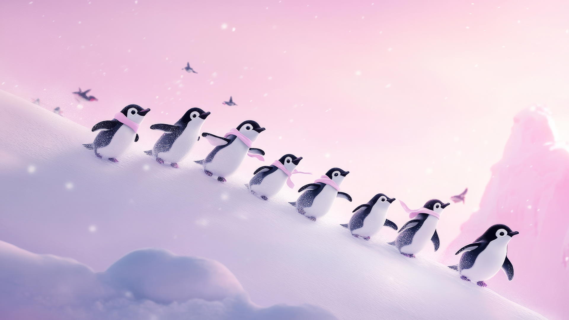 Cute winter wallpaper with fluffy penguins sliding down a snowy hill