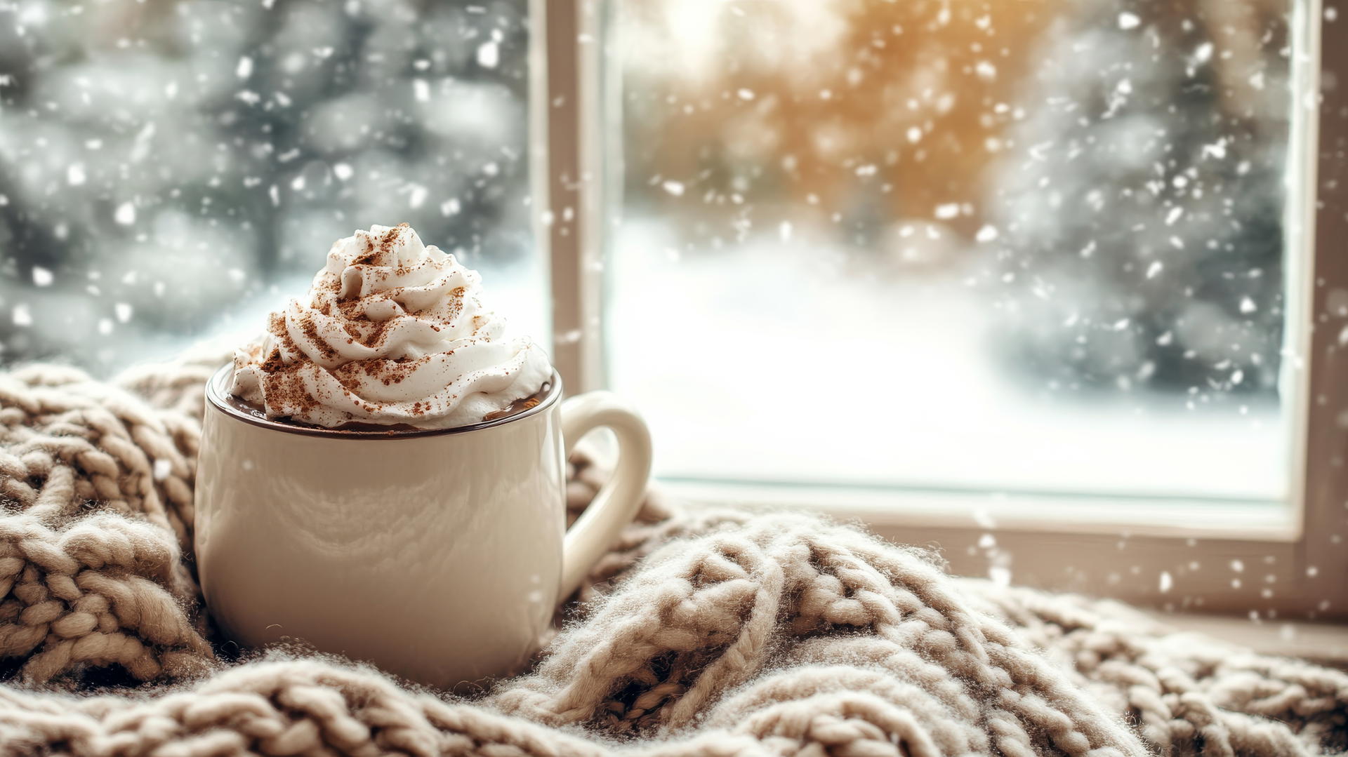 Cozy winter iPhone wallpaper with hot chocolate on a knit blanket by a frosted window