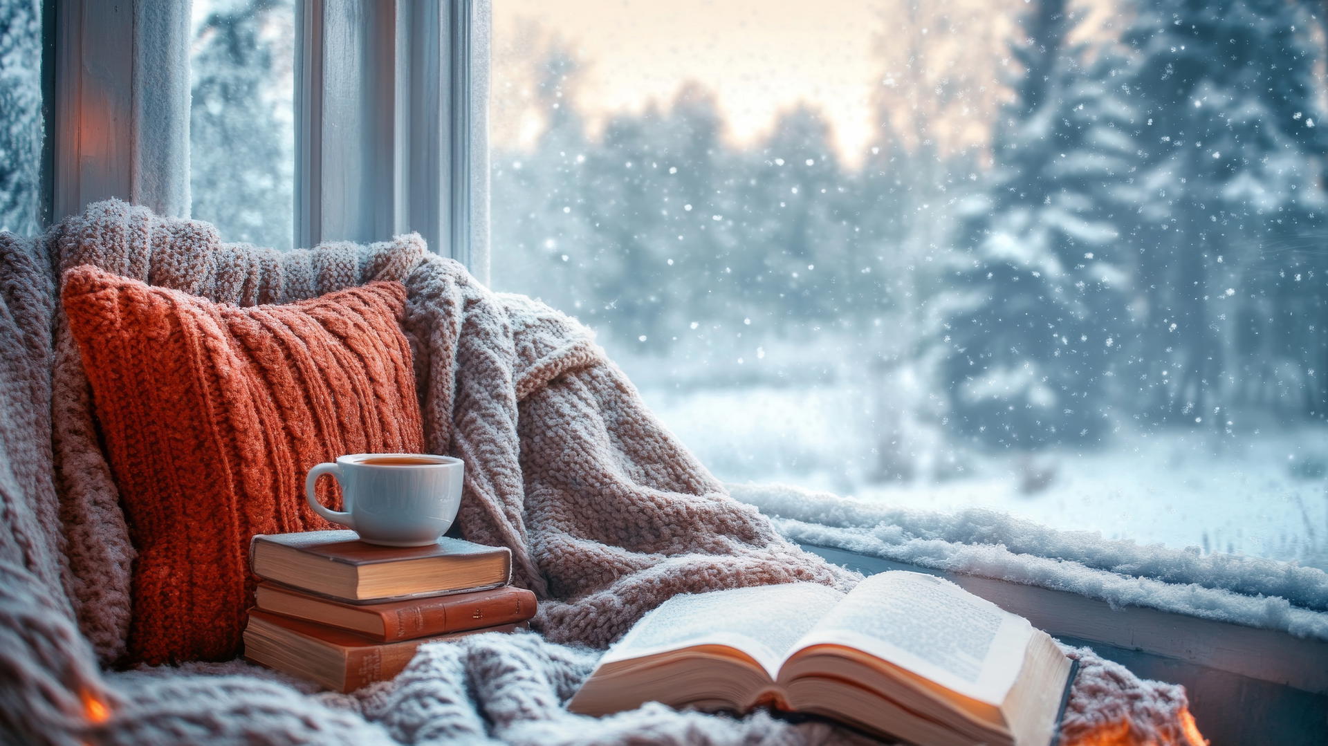 cozy winter iPhone wallpaper with reading nook, knit blanket, books, and mug of tea