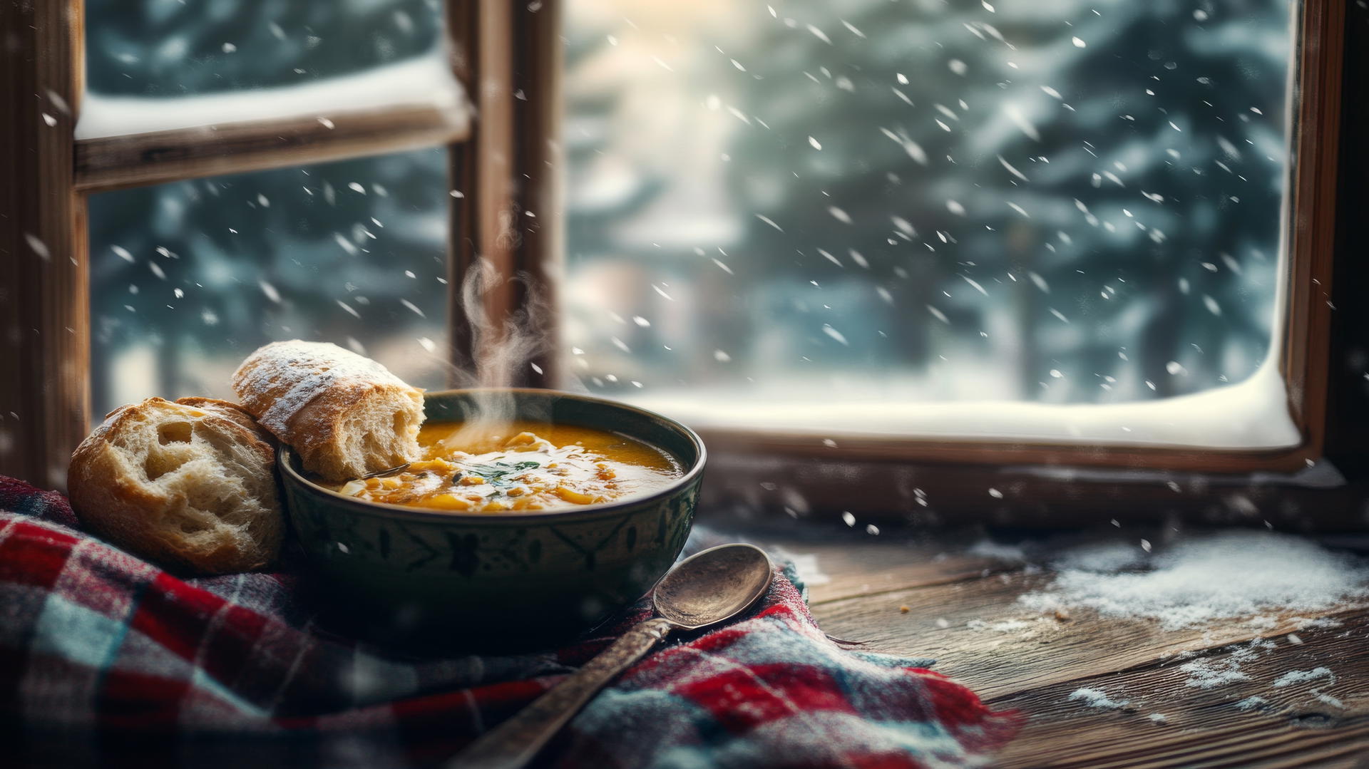 cozy winter iPhone wallpaper with a steaming bowl of soup, freshly baked bread, and snow outside