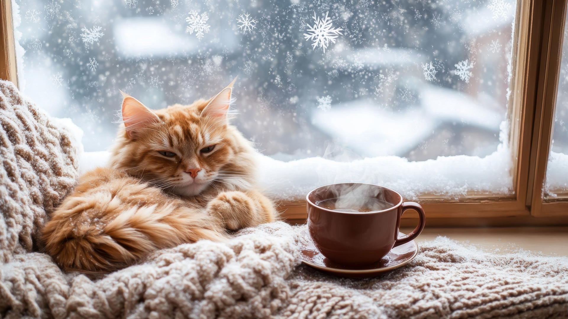 cozy winter iPhone wallpaper with a fluffy ginger cat curled up on a windowsill next to tea and snow outside