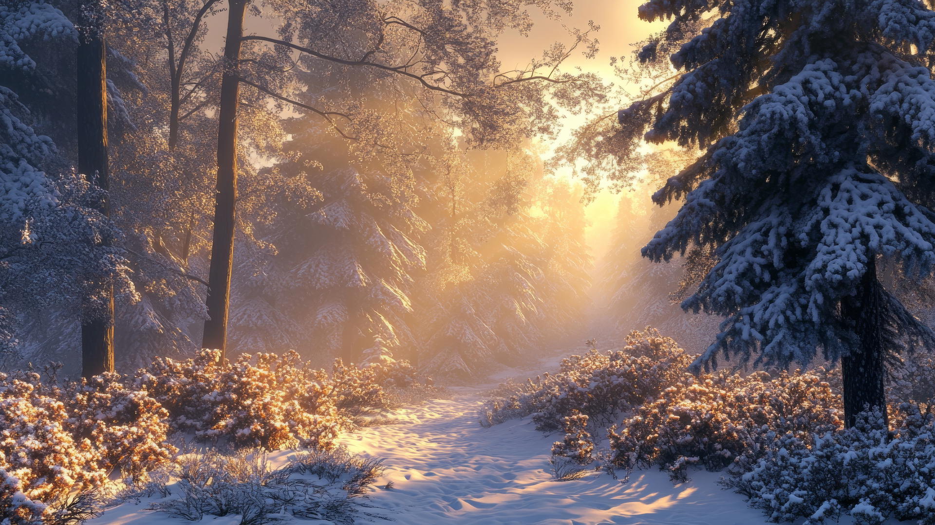 winter wonderland wallpaper with snow-covered evergreens, snowy ground, and a misty morning sun