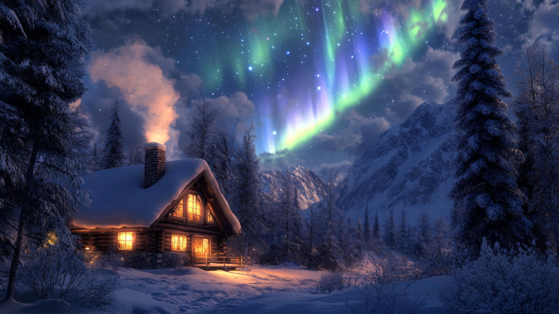 winter background wallpaper with snow-covered mountain cabin, smoke from chimney, pine trees, and northern lights