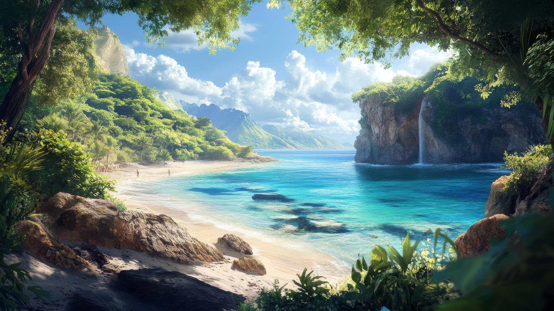 wallpaper beach with rocky cliffs and lush greenery
