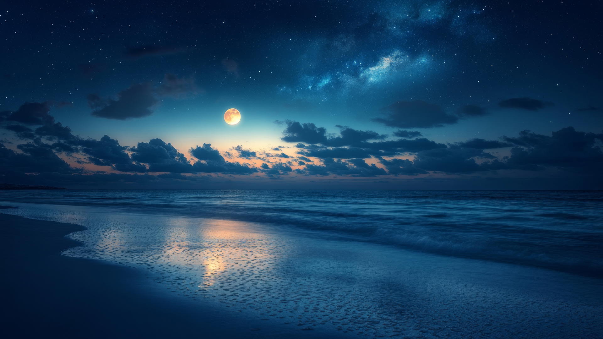 A calm and peaceful beach at night under a star-filled sky, soft glow of the moon on the water, aesthetic beach wallpaper