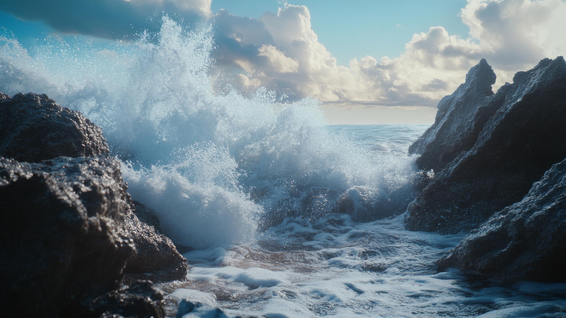 Beach wallpaper 4K with powerful waves crashing against detailed rocky shore.