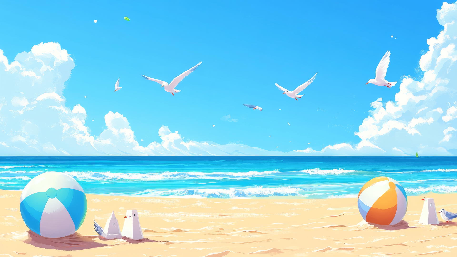 A cute beach wallpaper with colorful beach balls, tiny sandcastles, and playful seagulls.