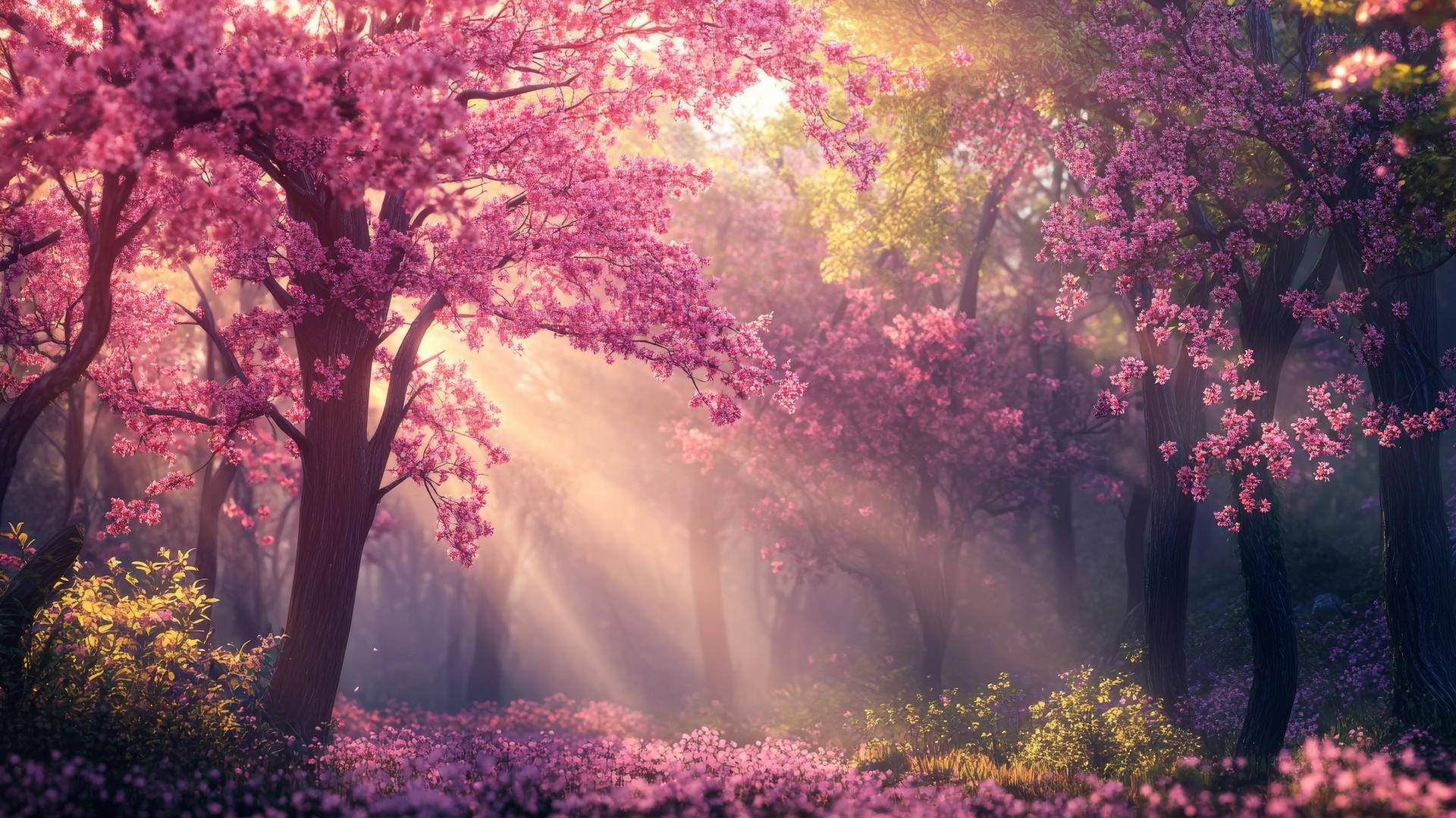 Spring wallpaper of a digital forest with colorful blossoming trees and soft sunlight.
