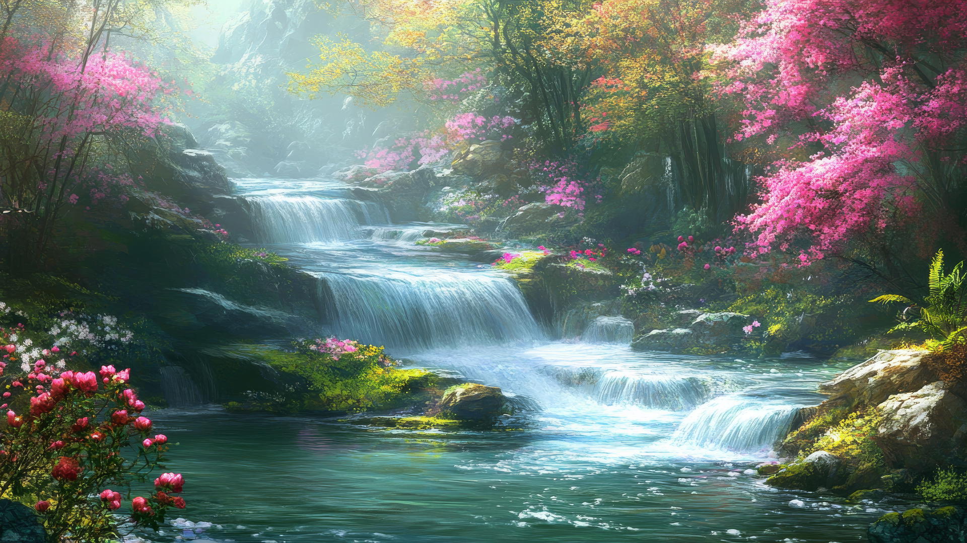 spring wallpaper with a tranquil river and blooming plants