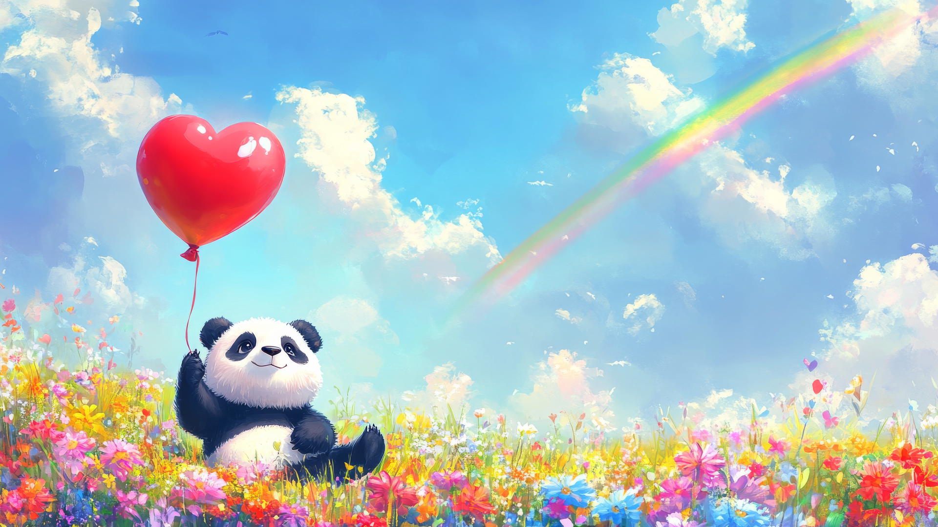Cute spring wallpaper of a chubby panda with heart-shaped balloon in flower field