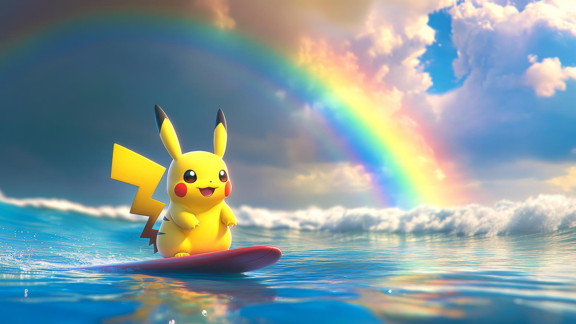 Surfing Pikachu on a calm ocean with a rainbow
