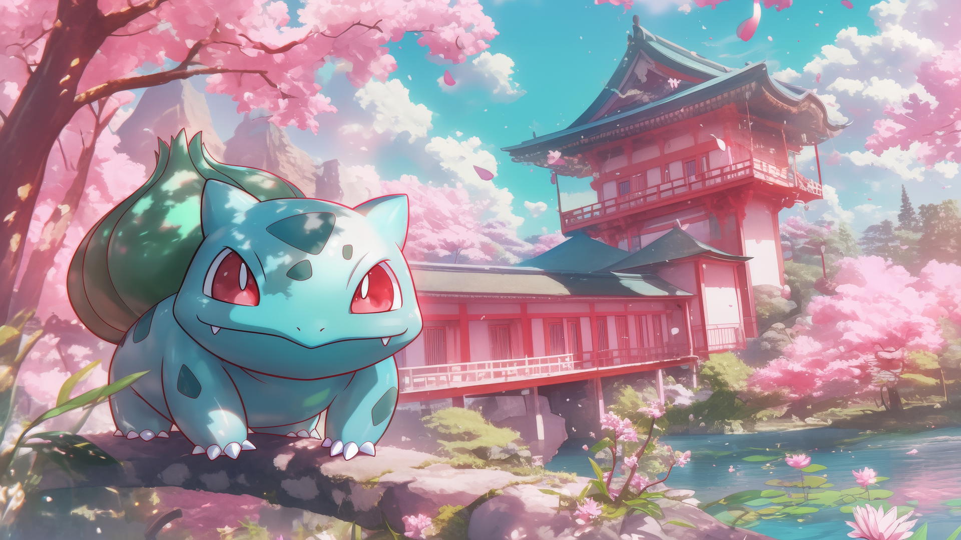Bulbasaur in a serene Japanese garden with cherry blossoms and tranquil pond