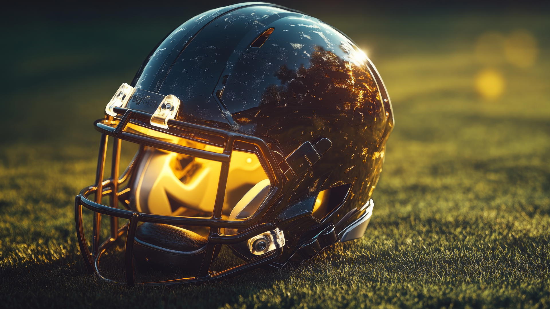 Glowing NFL football helmet on turf with soft shadows