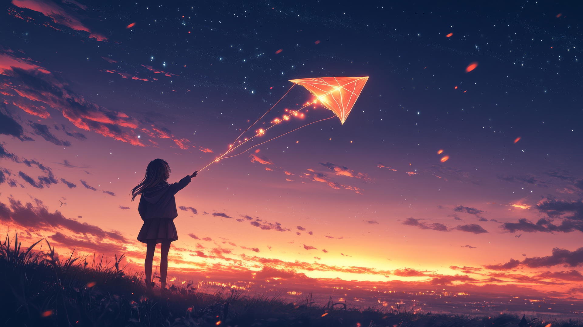 Girl flying glowing kite with minimalistic landscape and soft light streaks in sky