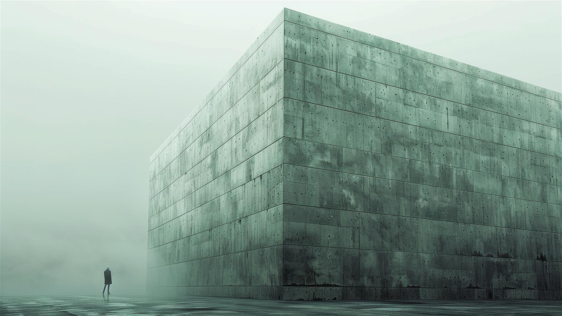 Vast brutalist concrete wall with a tiny man, dramatic lighting, and soft shadows.