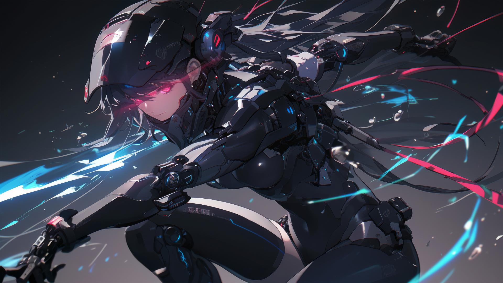 Cybernetic Agent Girl in dynamic pose on dark background with spotlight