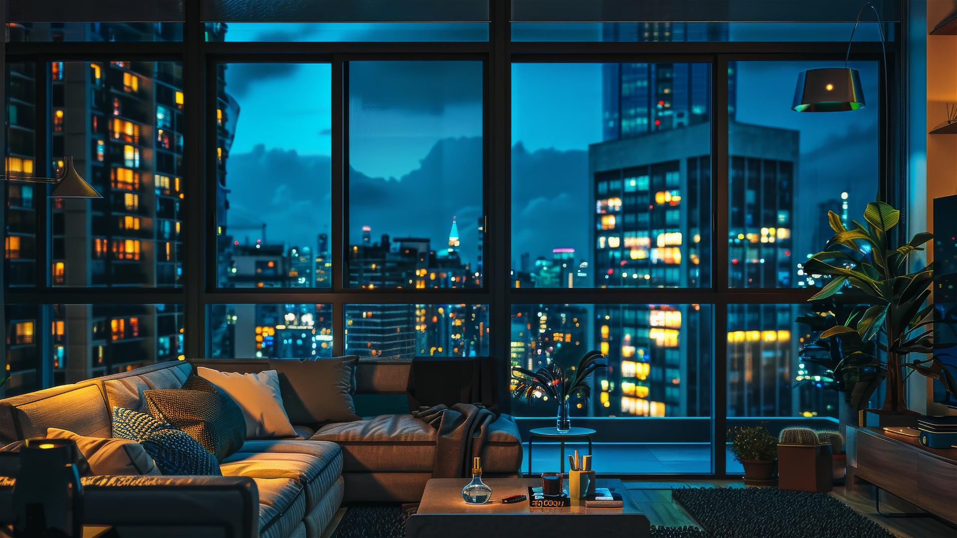 Cozy living room, dim lights, city view through window