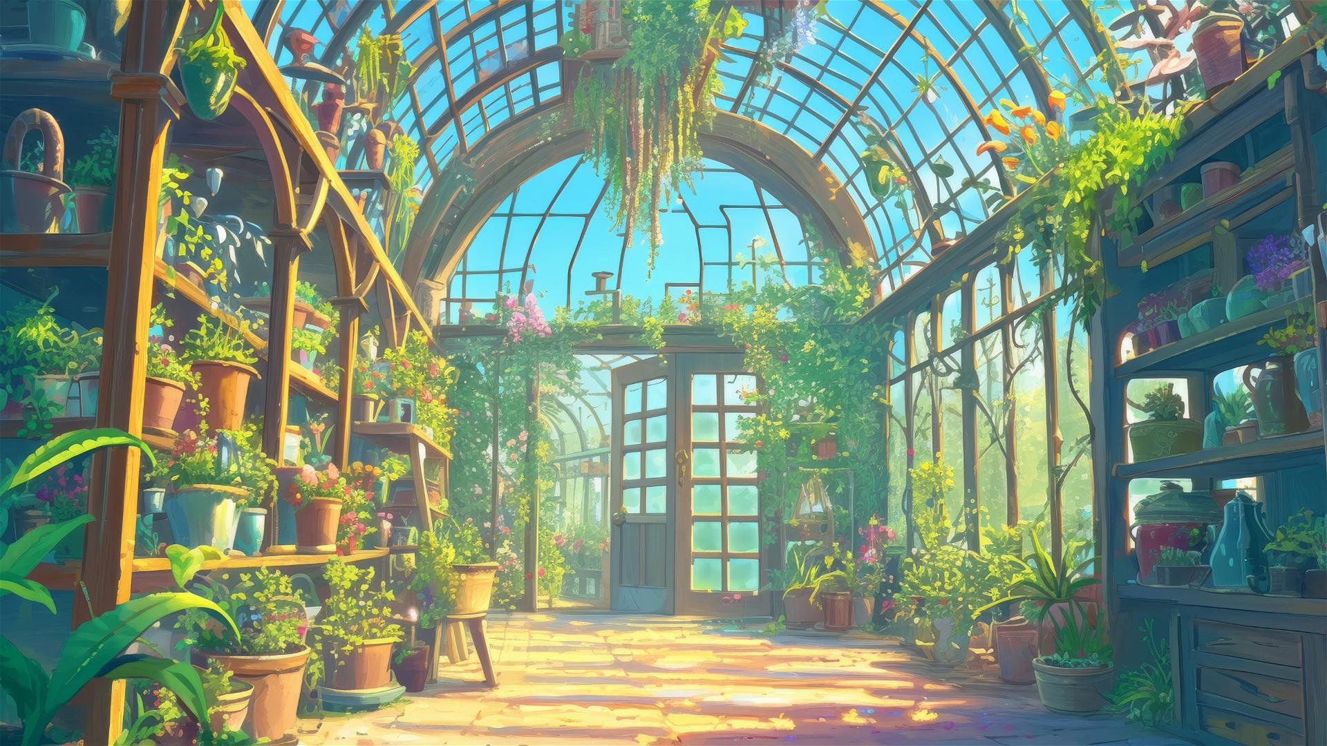 Studio Ghibli-style magical greenhouse with talking flora.