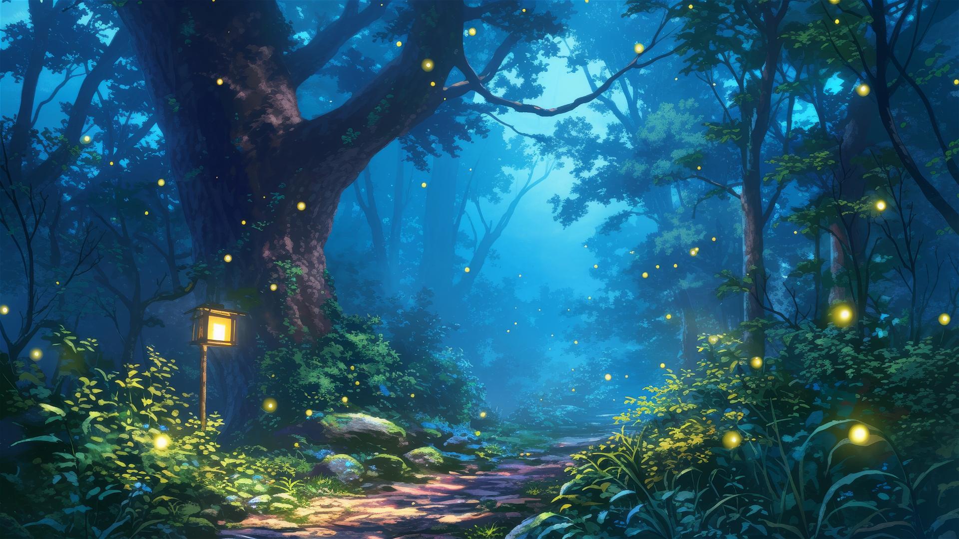 Ghibli-style enchanted forest path with fireflies