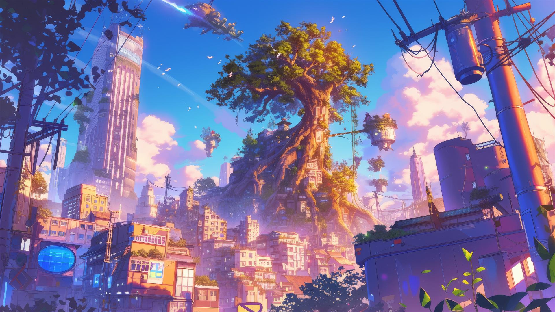 Anime cityscape with Ghibli magic and mystical creatures at golden hour.