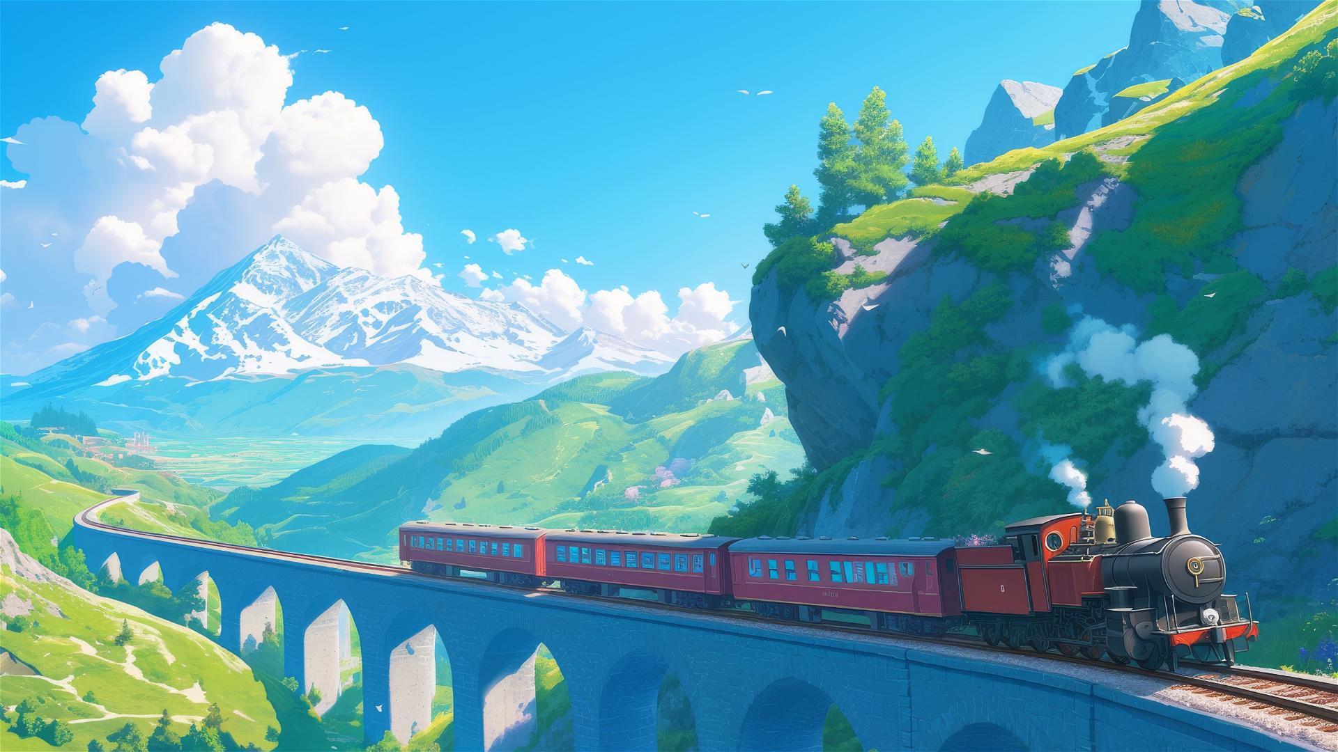 Anime-style train journey through a magical landscape.