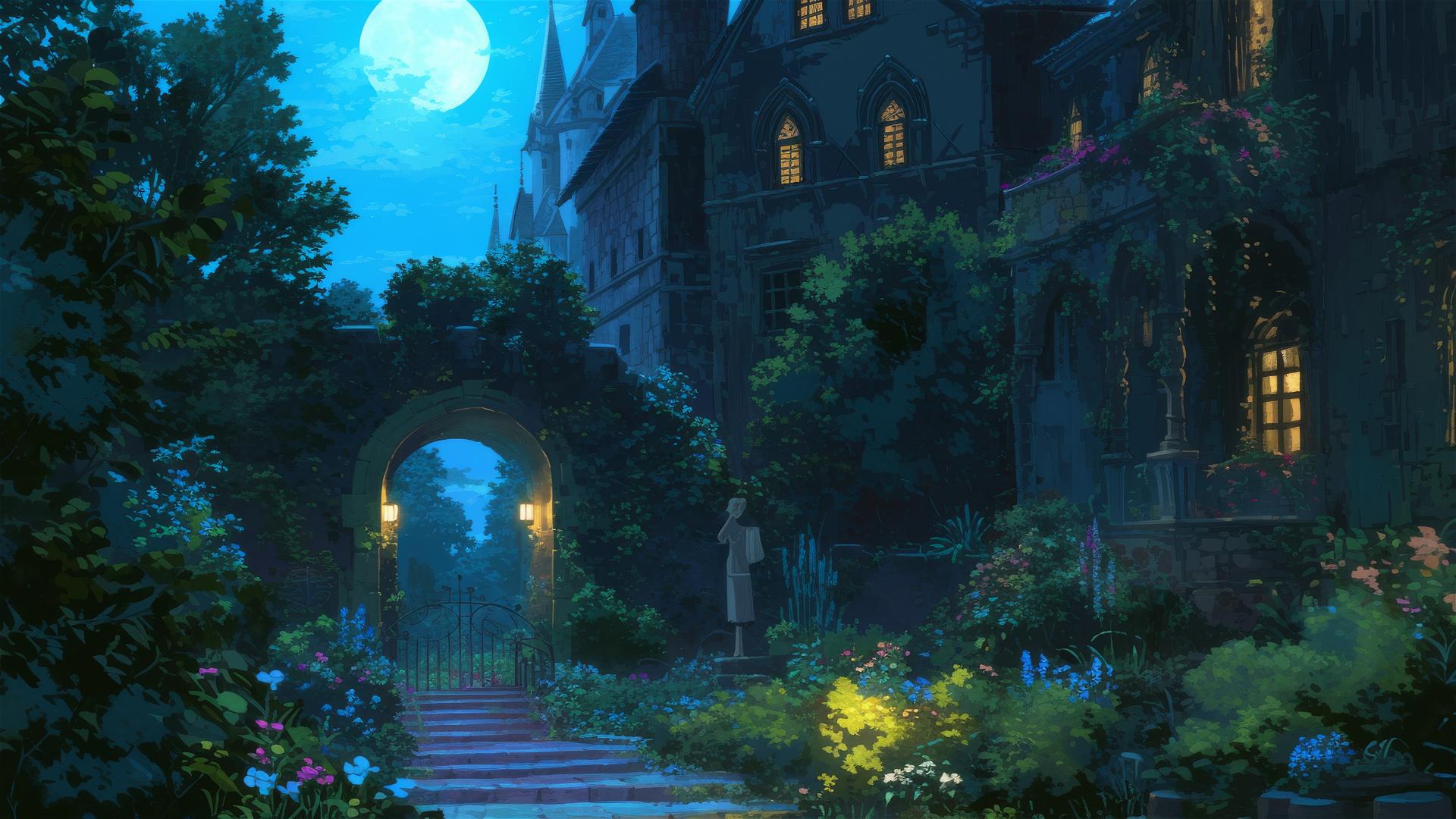 Ghibli-style anime castle garden under moonlight with themes of forbidden love and ancient spells.