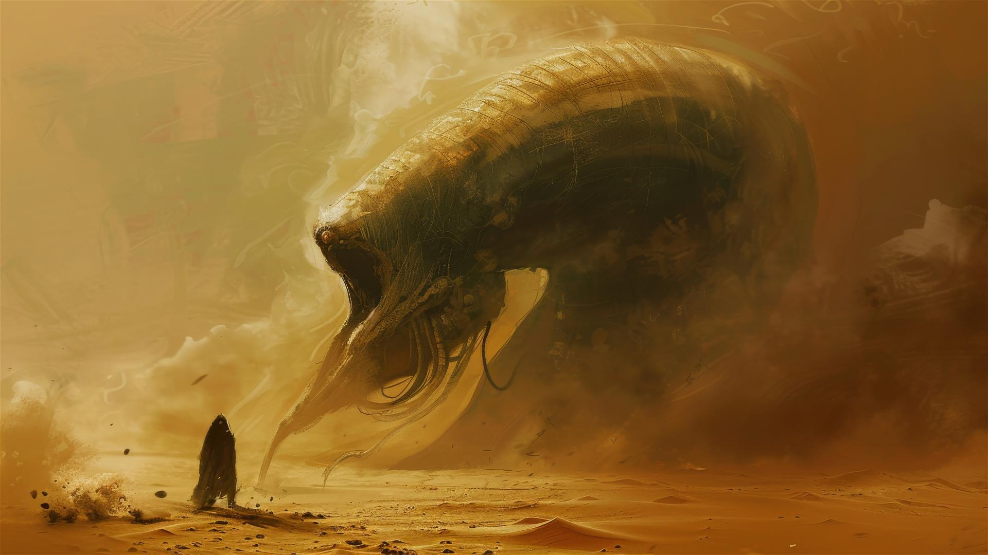 Fremen warrior and giant sandworm in a stormy desert