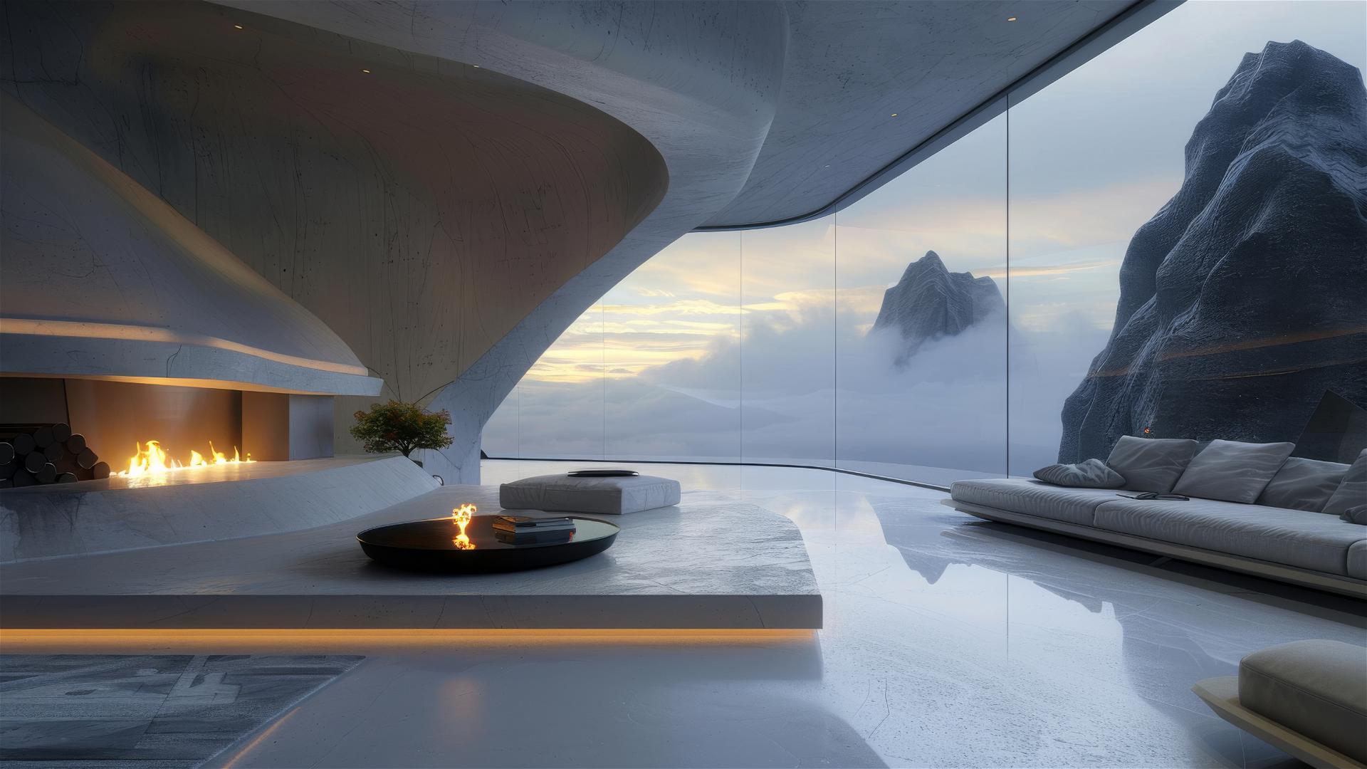 Ultra-modern Scandinavian living room with alien landscape view