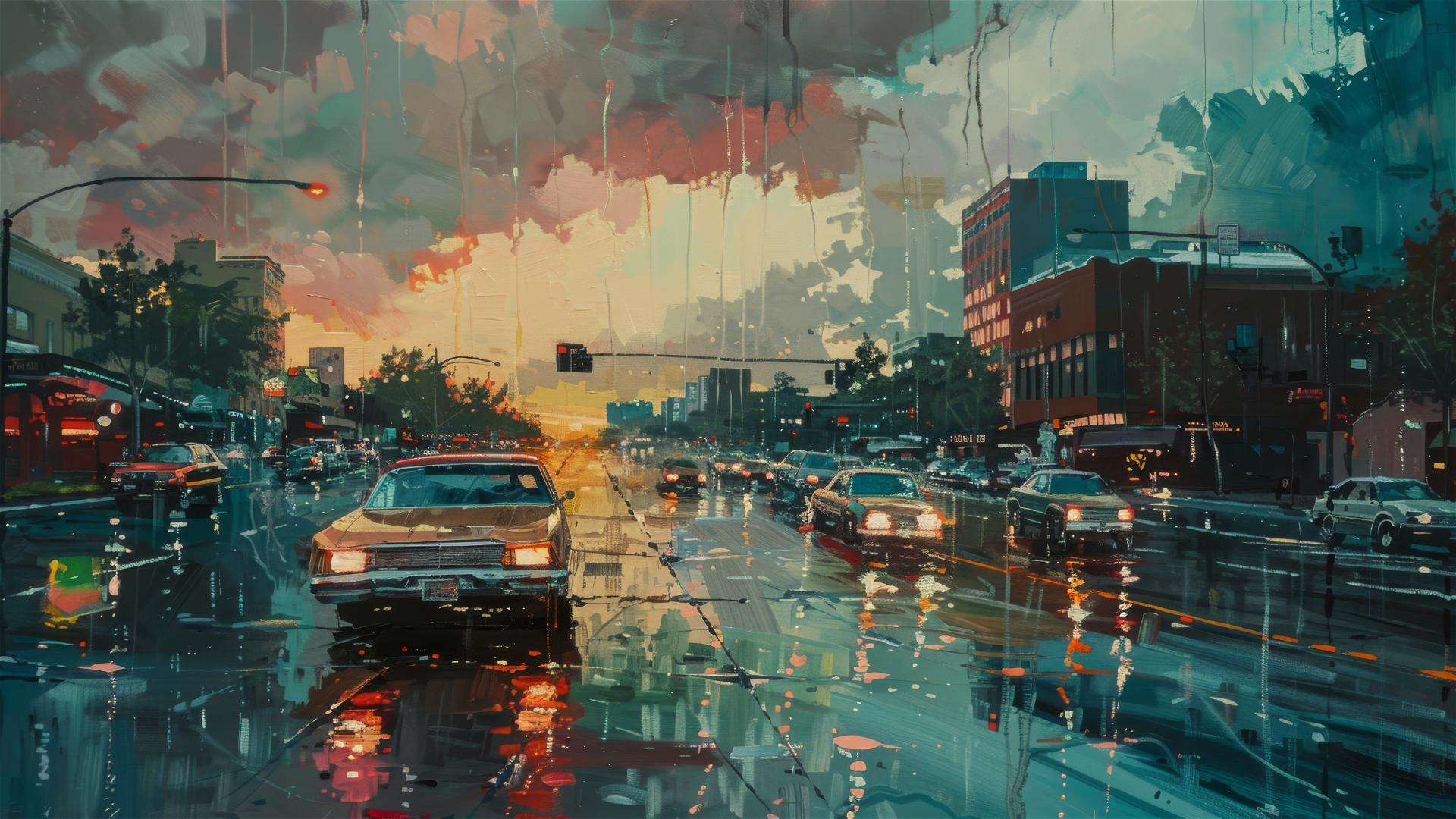 1970s city street scene, wet pavement, cloudy sky, vibrant colors