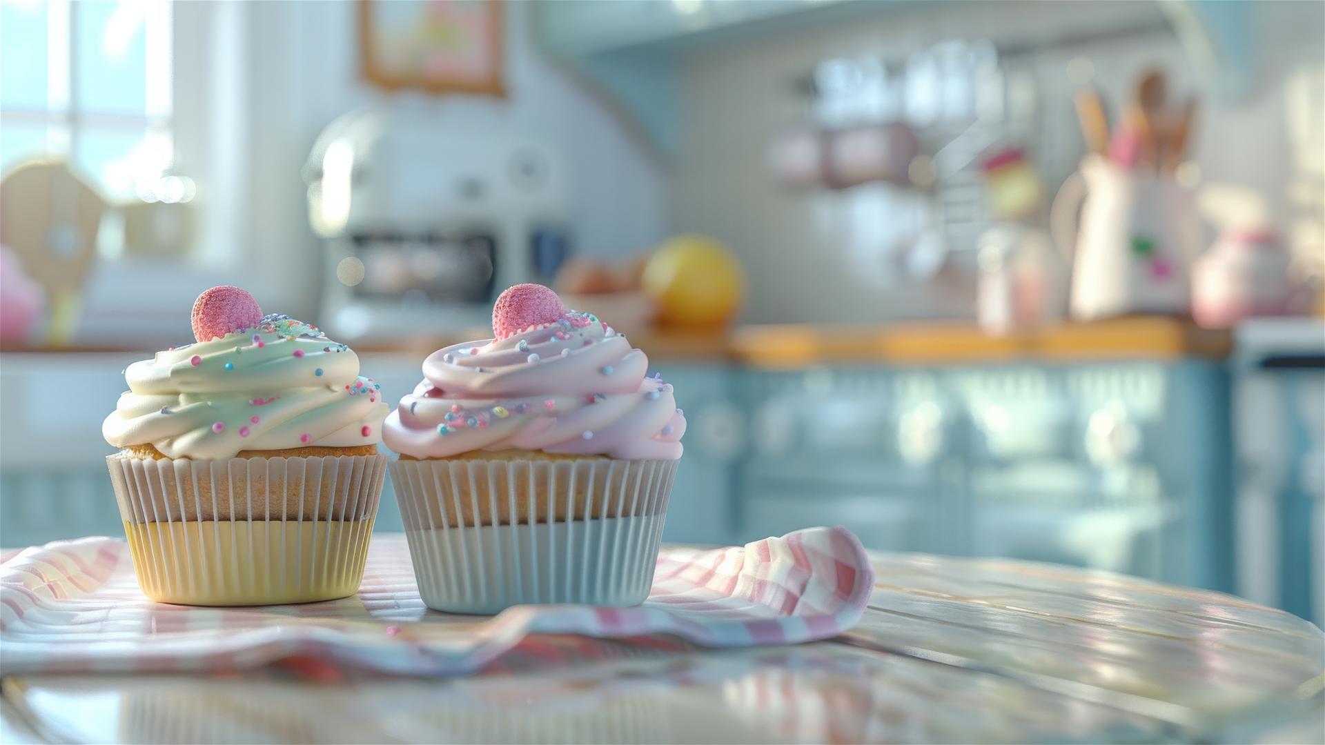 Two cupcakes on a kitchen table in Pixar and Disney styles, 3D, ultra HD.