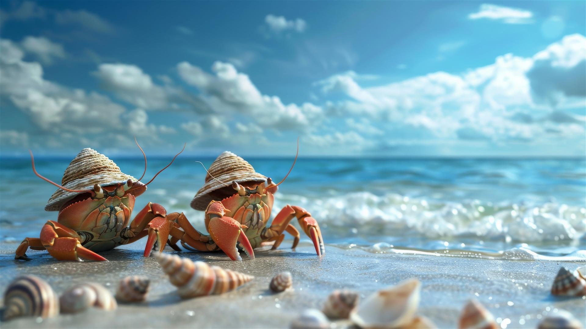 Crabs in straw hats looking over the blue sea