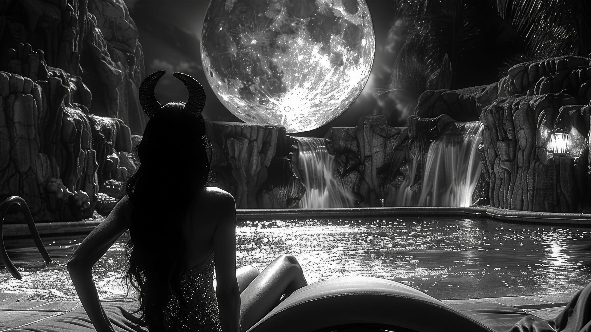 Asian female demon with horns lying beside a pool under moonlight