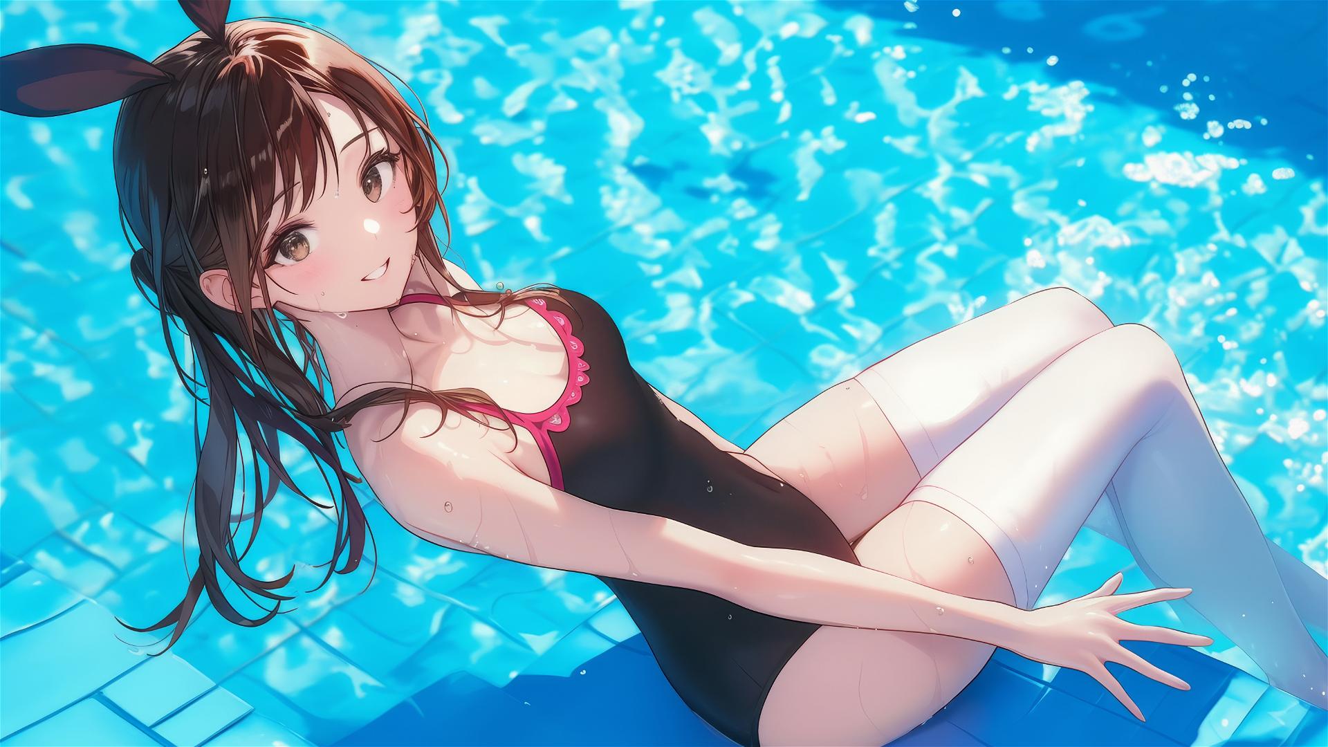 Mizuhara Chizuru from To Rent A Girlfriend resting by pool under moonlight