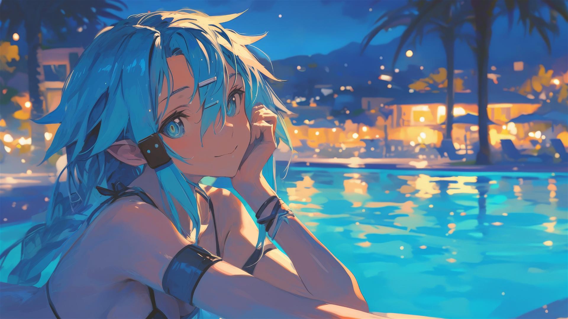 Sinon from SAO resting by pool under moonlight