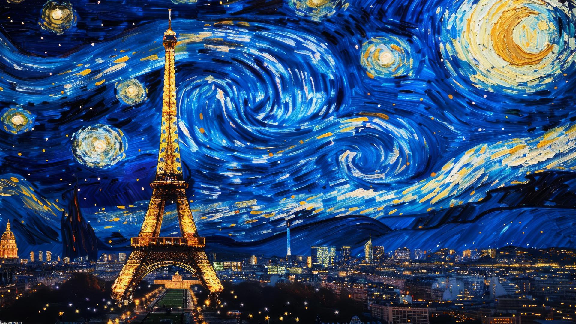 Realistic Eiffel Tower and Paris at night under a Van Gogh-style starry sky