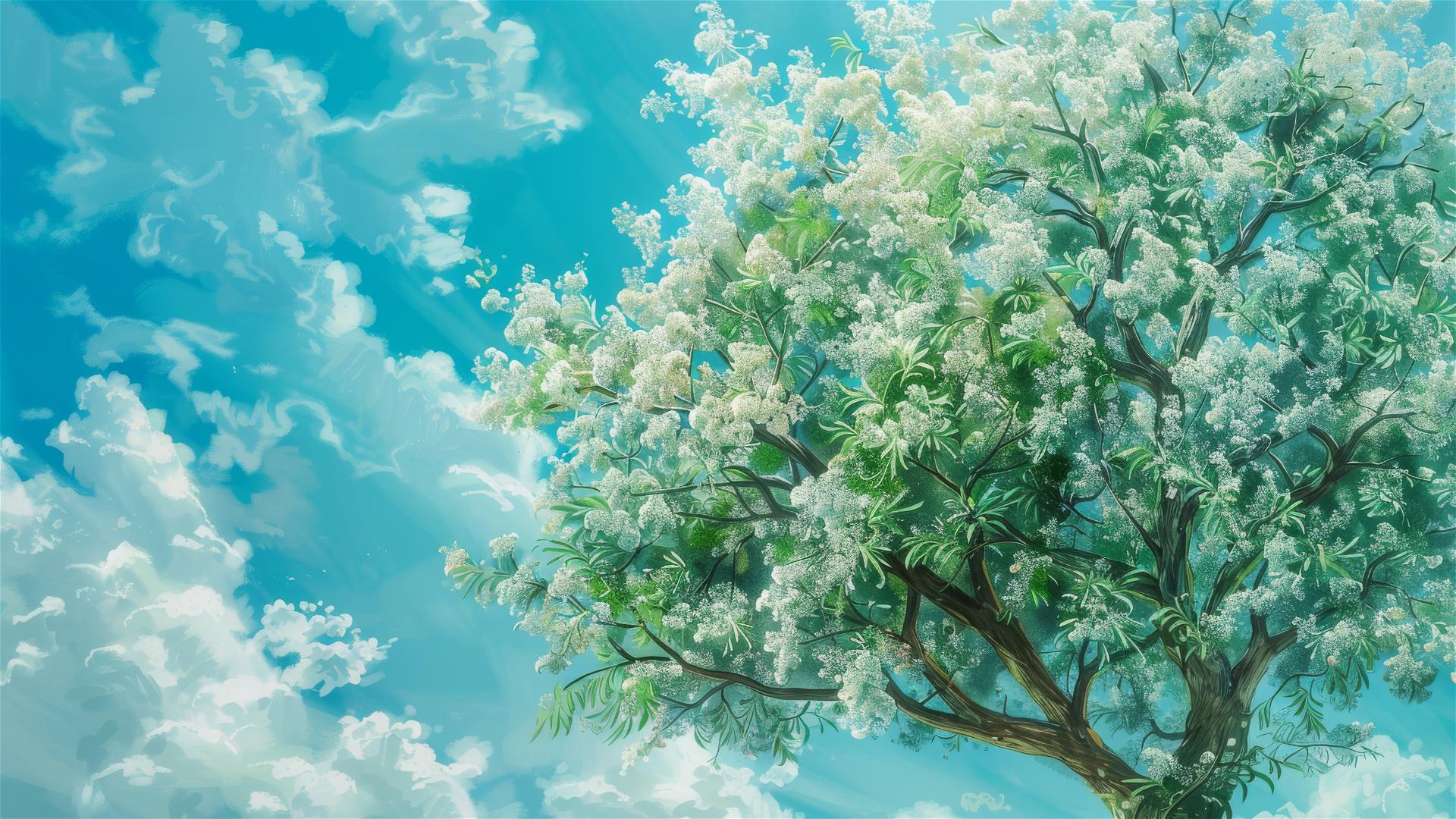 Oil painting of a tree with white flowers and green leaves under a blue sky with clouds
