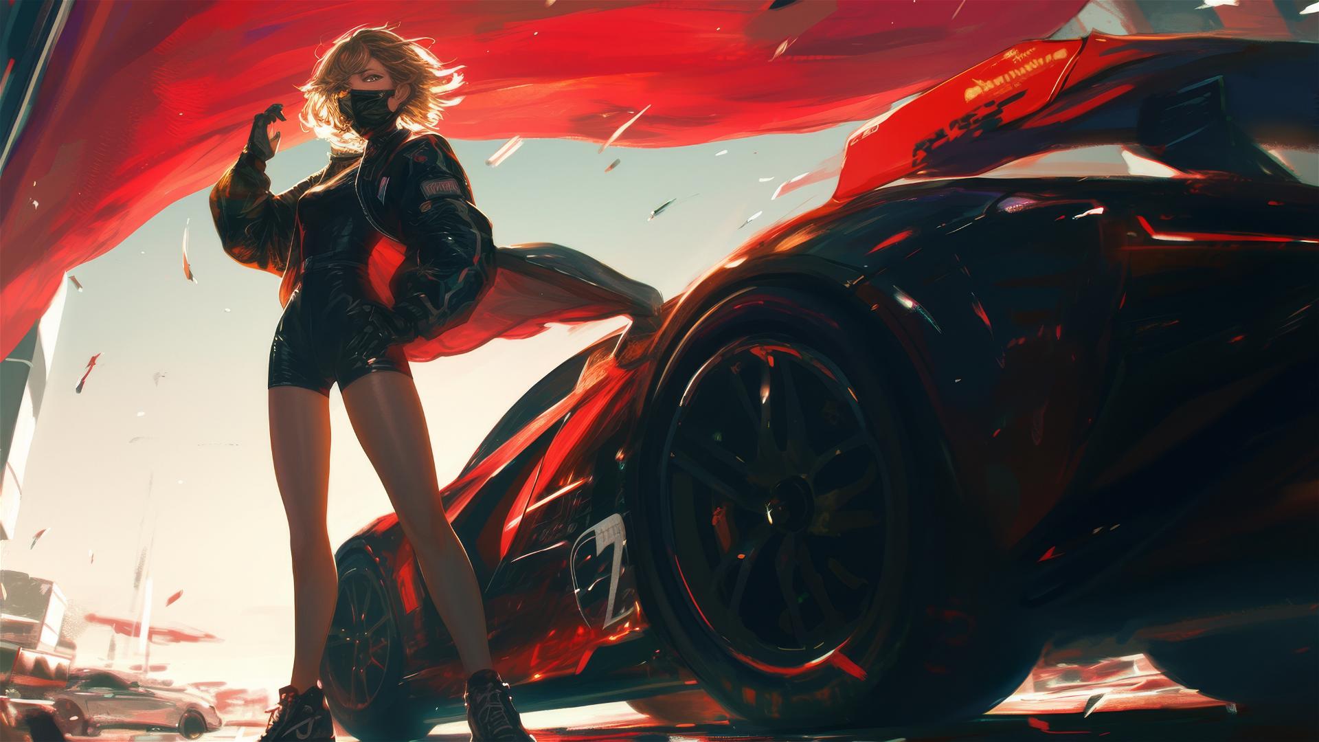 Motorsport racer girl with masked face and thigh focus in dynamic pose